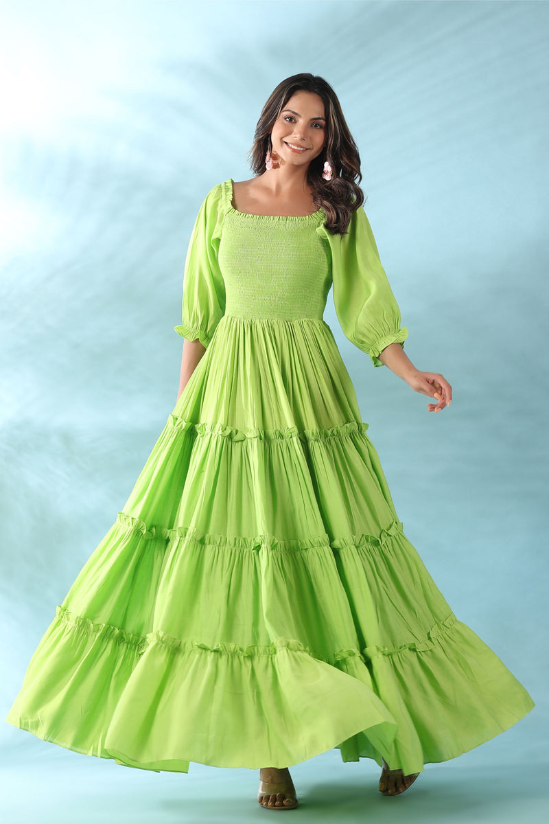 Neon Green Flared Dress for Women Gillori Neon Green Flared Dress for Women Gillori