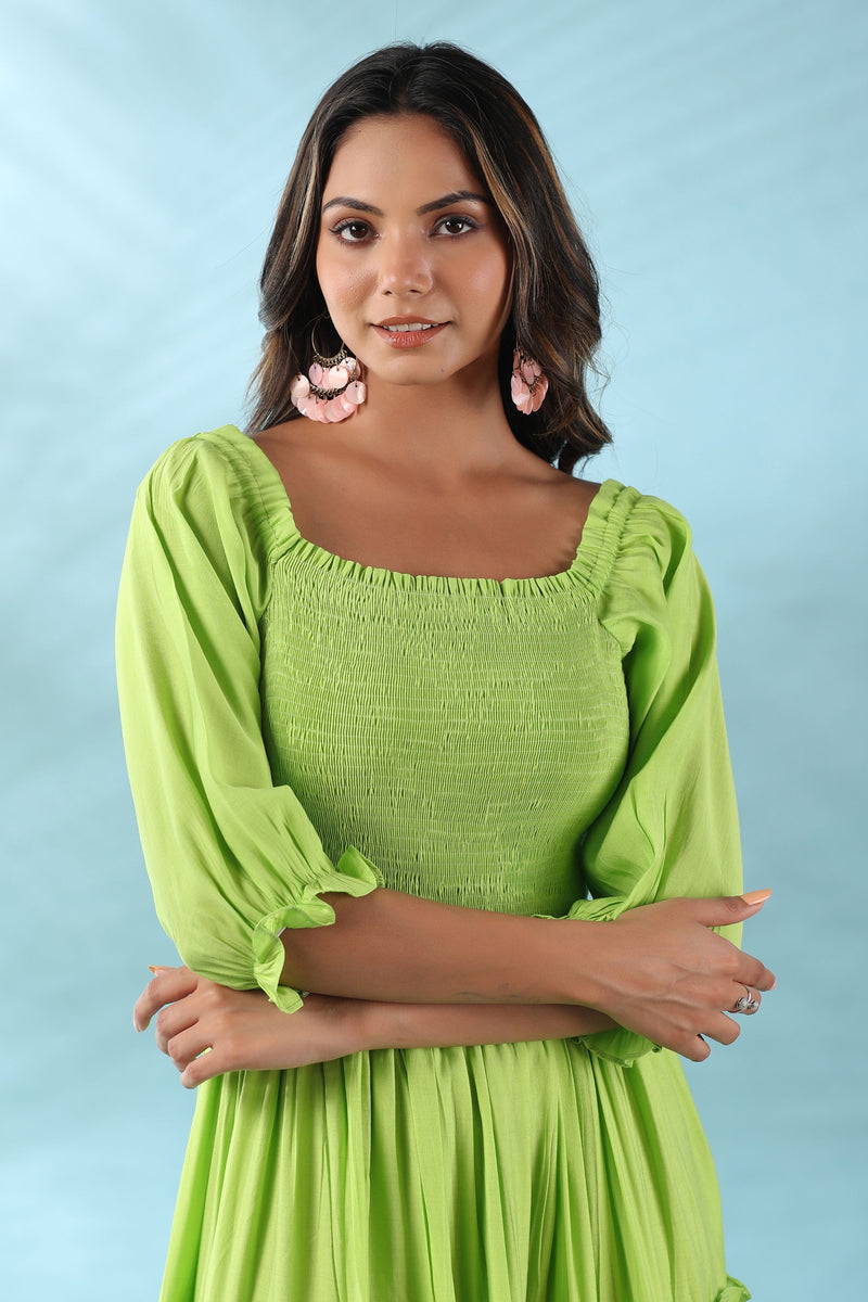 Neon Green Flared Dress for Women – Gillori - Main Image