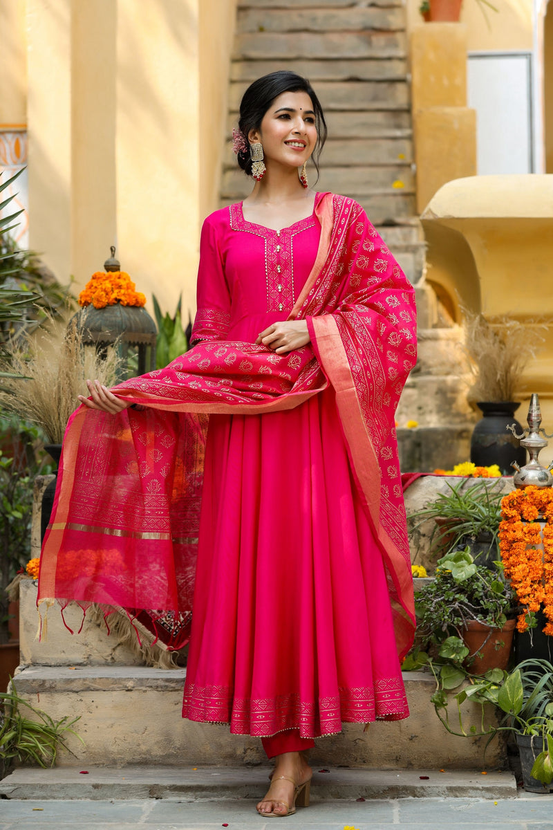 Flared Rani Pink Colour Suit Set Gillori