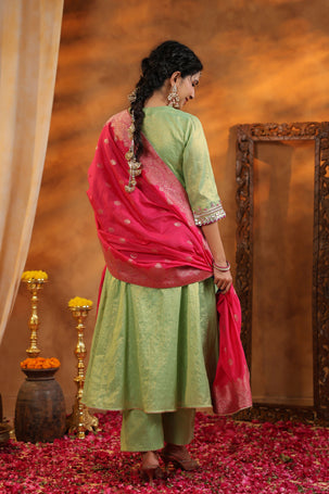 Green Tissue Chanderi Suit Set with Banarasi Dupatta