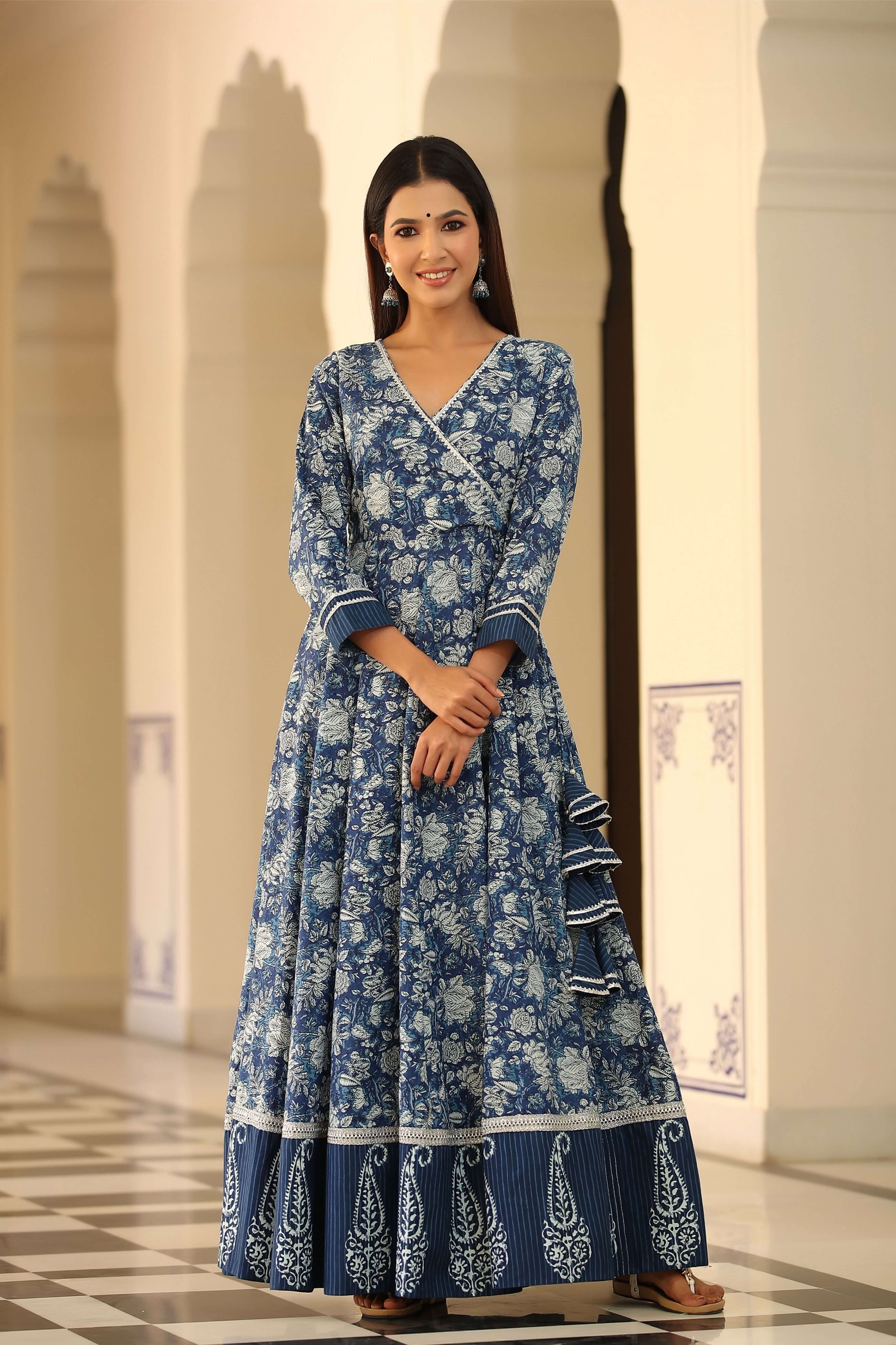 Find Floral Indigo Angrakha Kalidar Dress Gillori