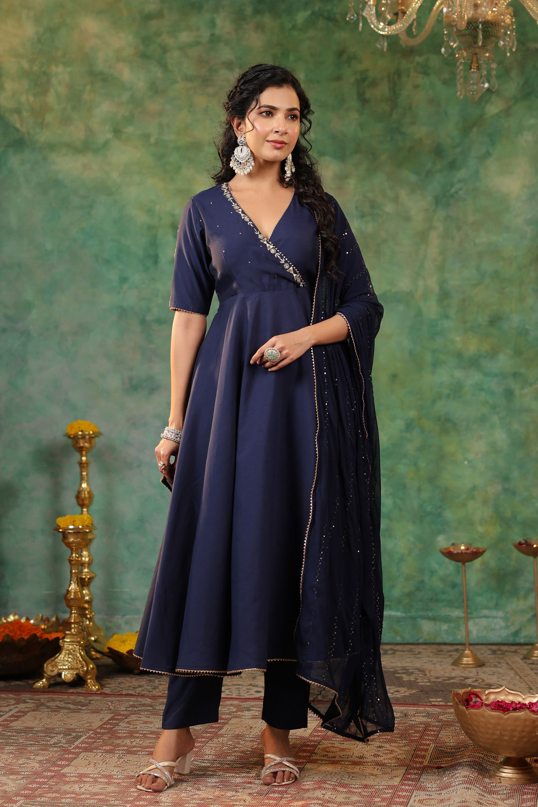 party wear angrakha style dresses Green Cotton Anarkali Set | Angrakha Wrap Mirror Work | Indian Festive Dress