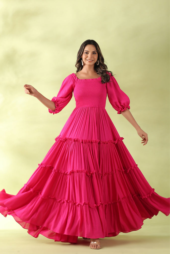 strapless open back dress Rani Pink Laheriya Print Traditional Gown main image 1