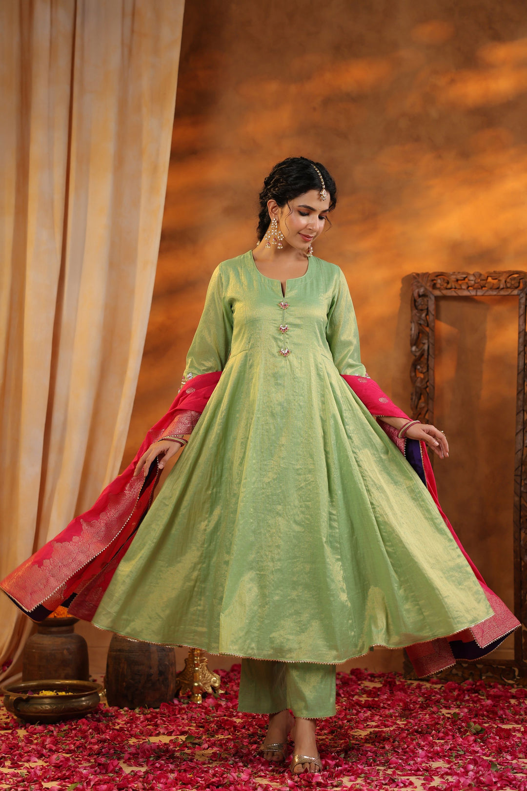 Green Tissue Chanderi Suit Set with Banarasi Dupatta