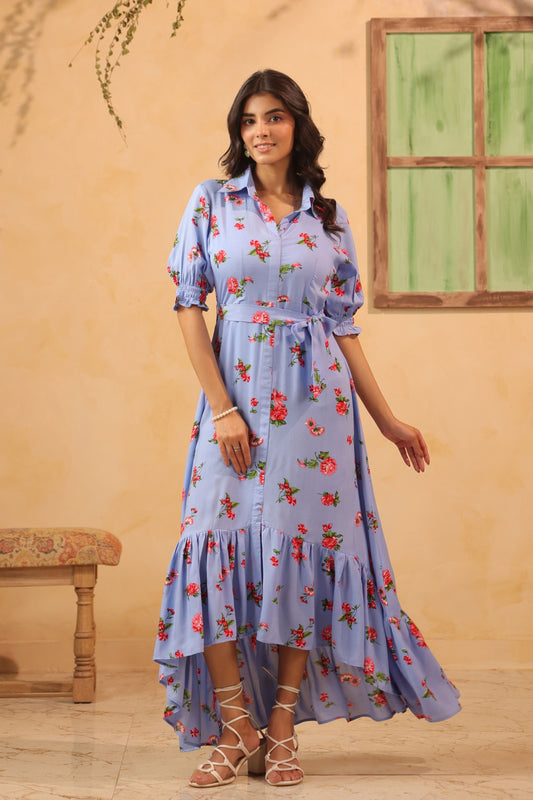 Lavender Floral A Line Flared Dress  Gillori