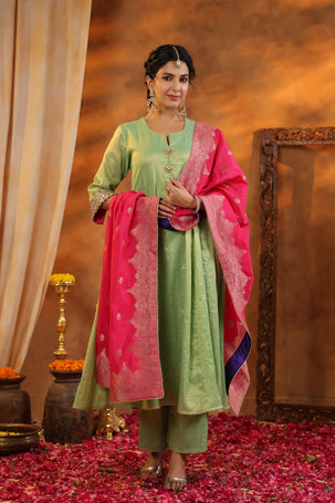 Green Tissue Chanderi Suit Set with Banarasi Dupatta