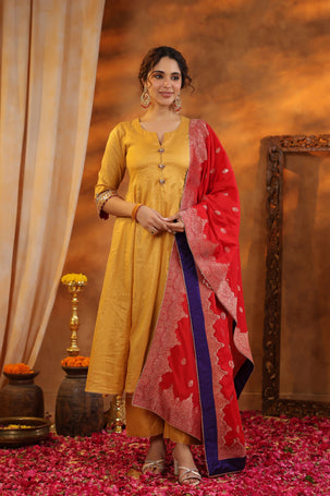 Mustard Tissue Chanderi Suit Set with Banarasi Dupatta