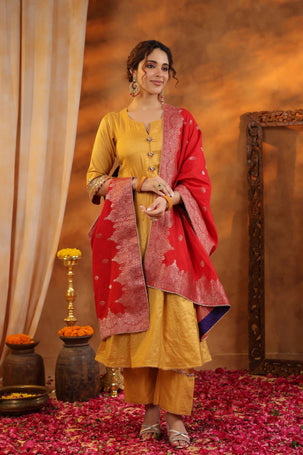 Mustard Tissue Chanderi Suit Set with Banarasi Dupatta