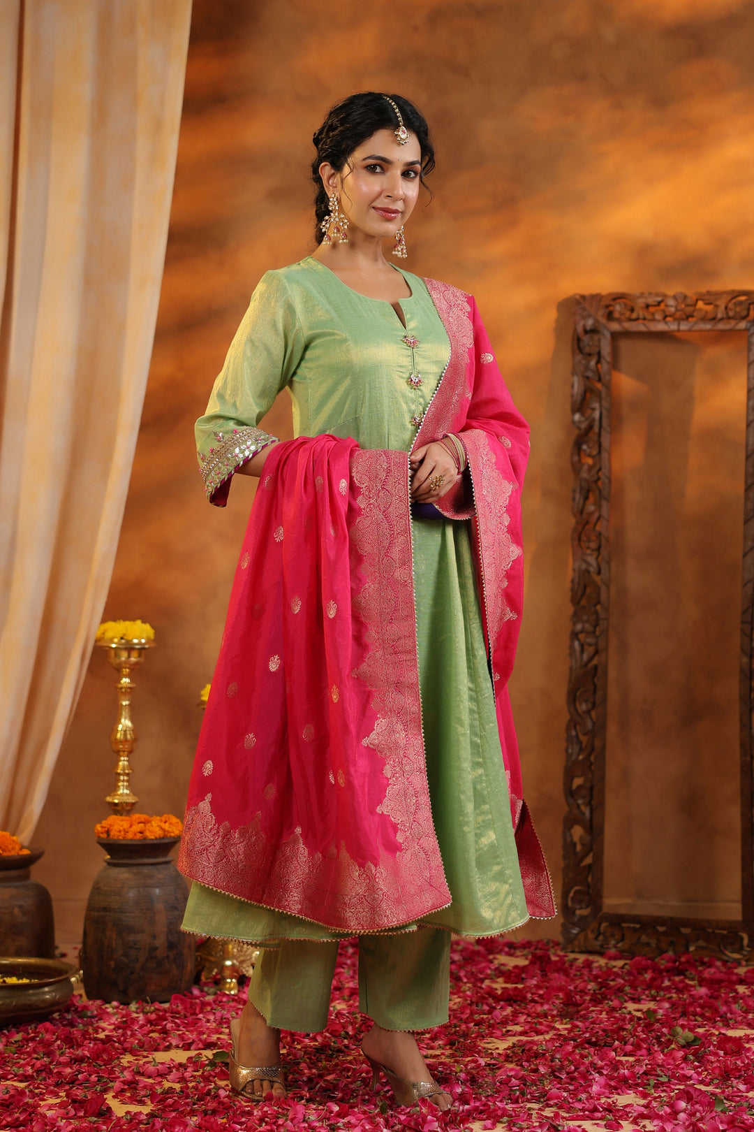 Green Tissue Chanderi Suit Set with Banarasi Dupatta