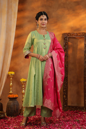 Green Tissue Chanderi Suit Set with Banarasi Dupatta