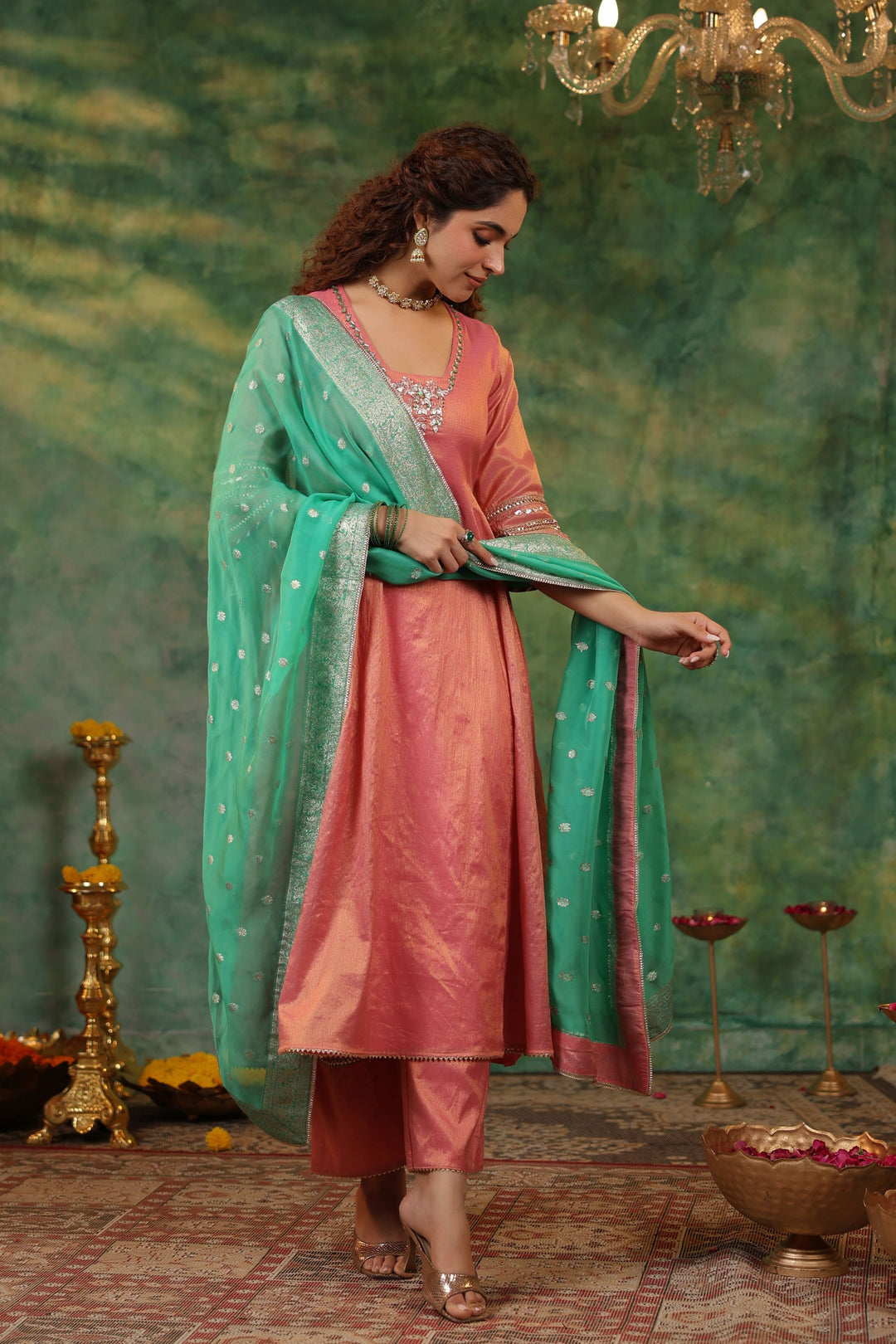 Peach Tissue Chanderi Suit Set with Banarasi Dupatta