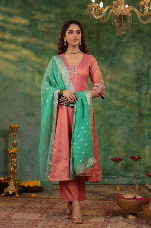 Peach Tissue Chanderi Suit Set with Banarasi Dupatta