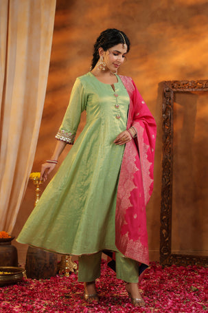 Green Tissue Chanderi Suit Set with Banarasi Dupatta