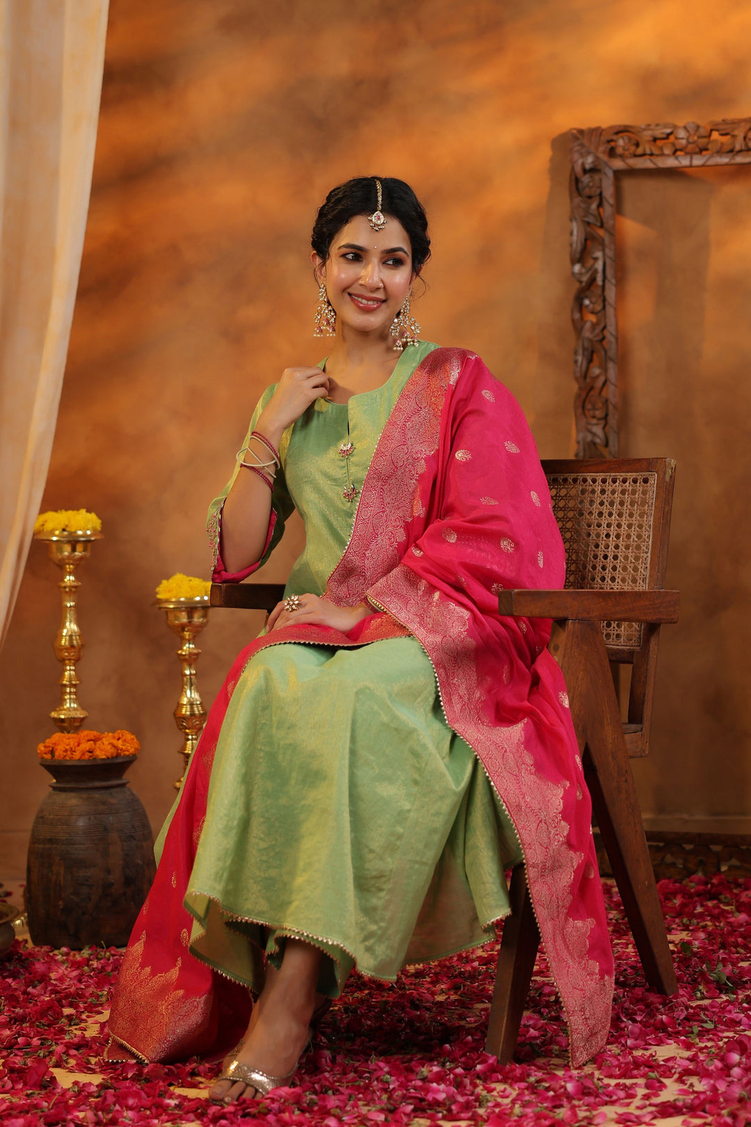 Green Tissue Chanderi Suit Set with Banarasi Dupatta