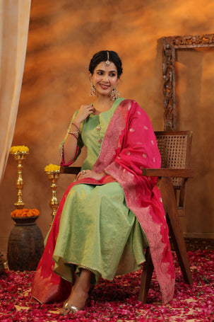 Green Tissue Chanderi Suit Set with Banarasi Dupatta