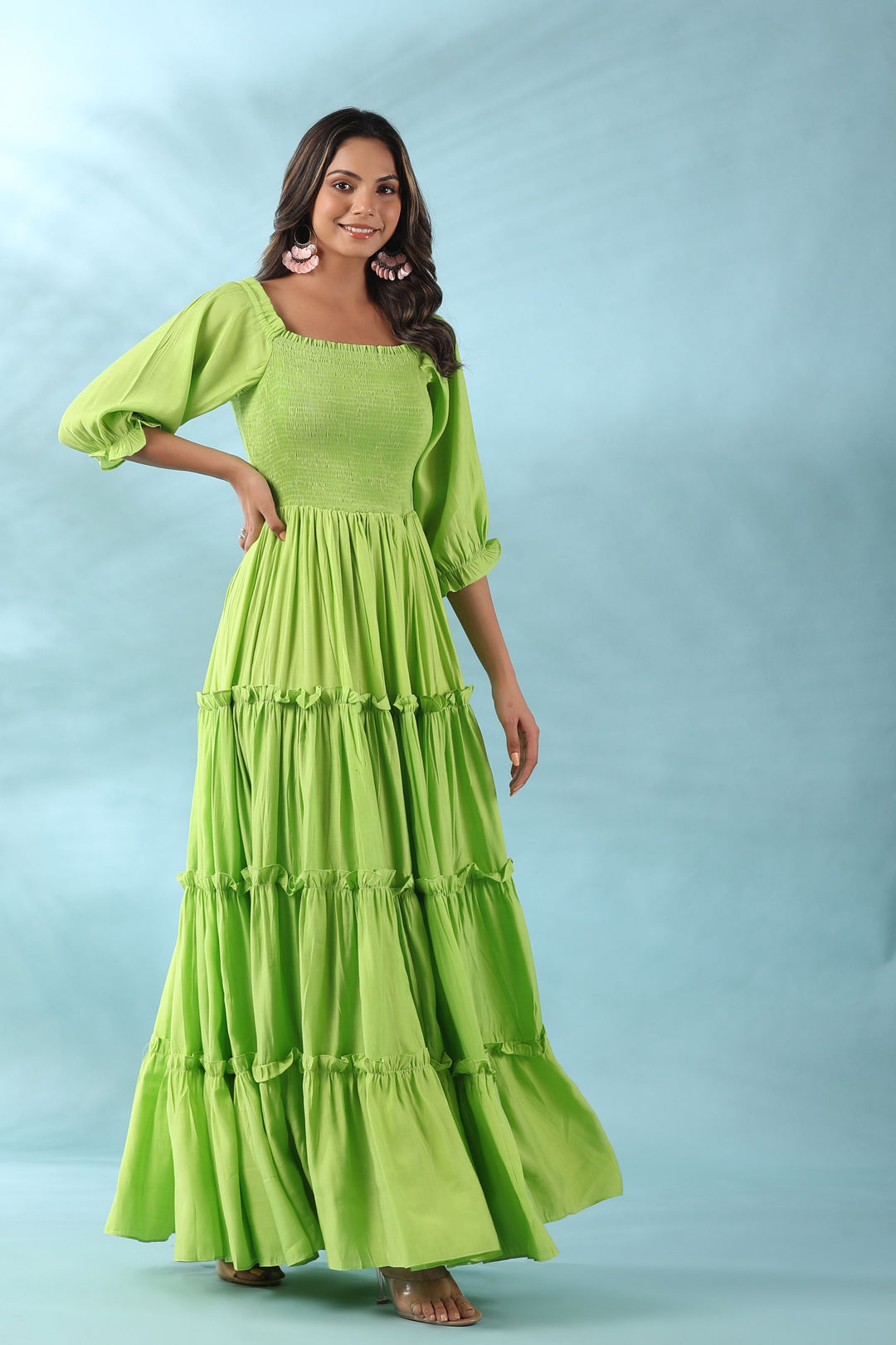 neon green puff sleeve dress Neon Green Organza Dress, Customizable Puff Sleeve Gown, UV Reactive Beach Cover Up, Tropical Wedding & Rave Festival, Princess Maxi Dress