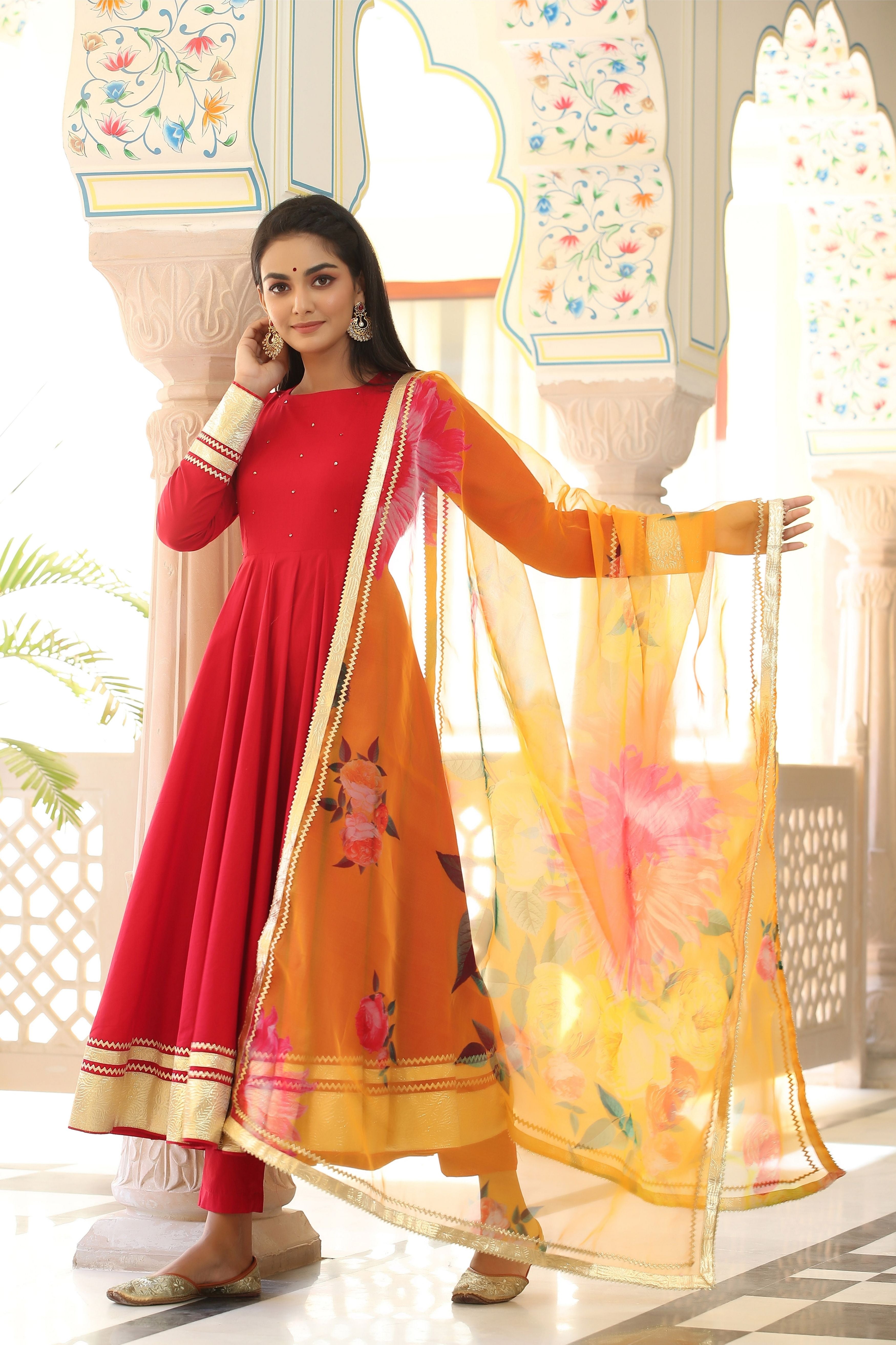 New Stylist Red Embroidered Anarkali Suit With Lace LSTV09161