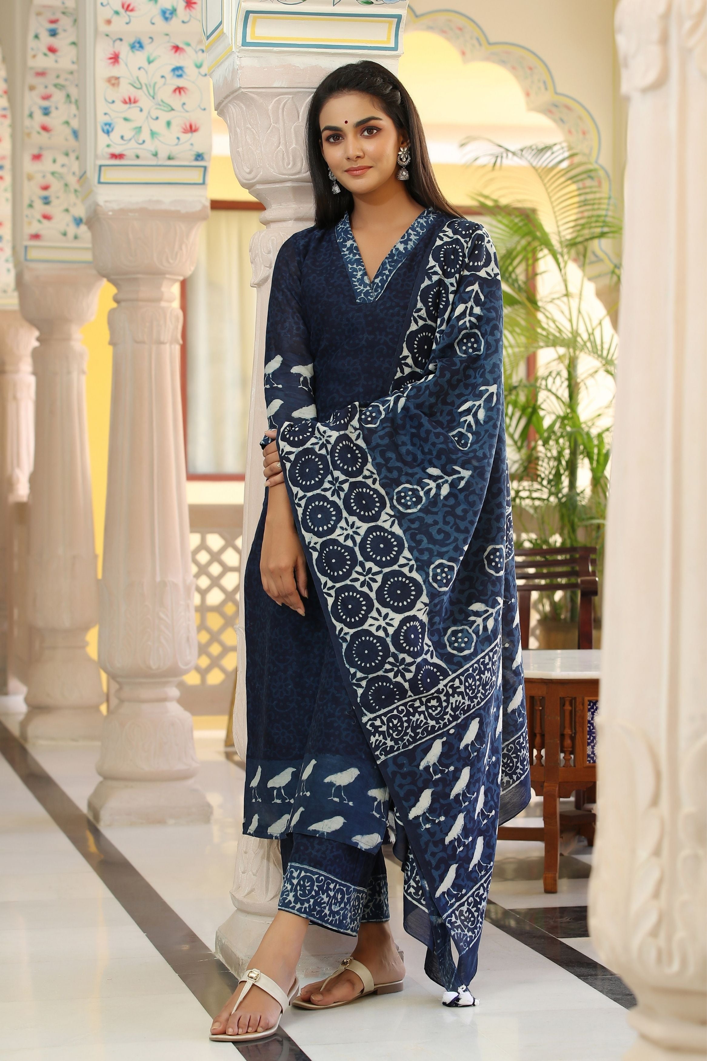 Buy Navy Blue Chanderi Silk Floral Print Straight Pant Suit After Six Wear  Online at Best Price | Cbazaar