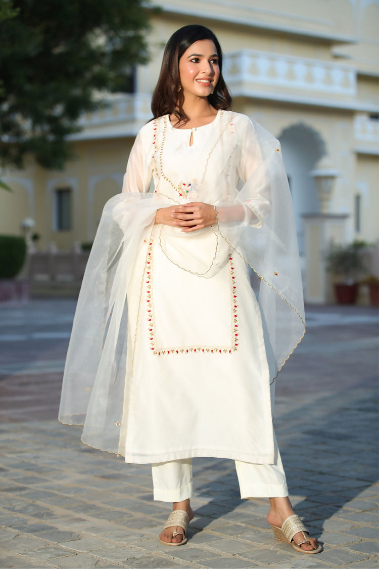 Gillori Chanderi White Suit Set with Dupatta for women Partywear