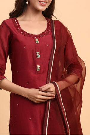 Gillori Chanderi handwork maroon suit set with dupatta