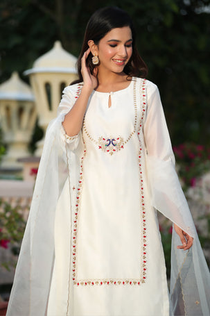 Gillori White Chanderi festive suit set for women