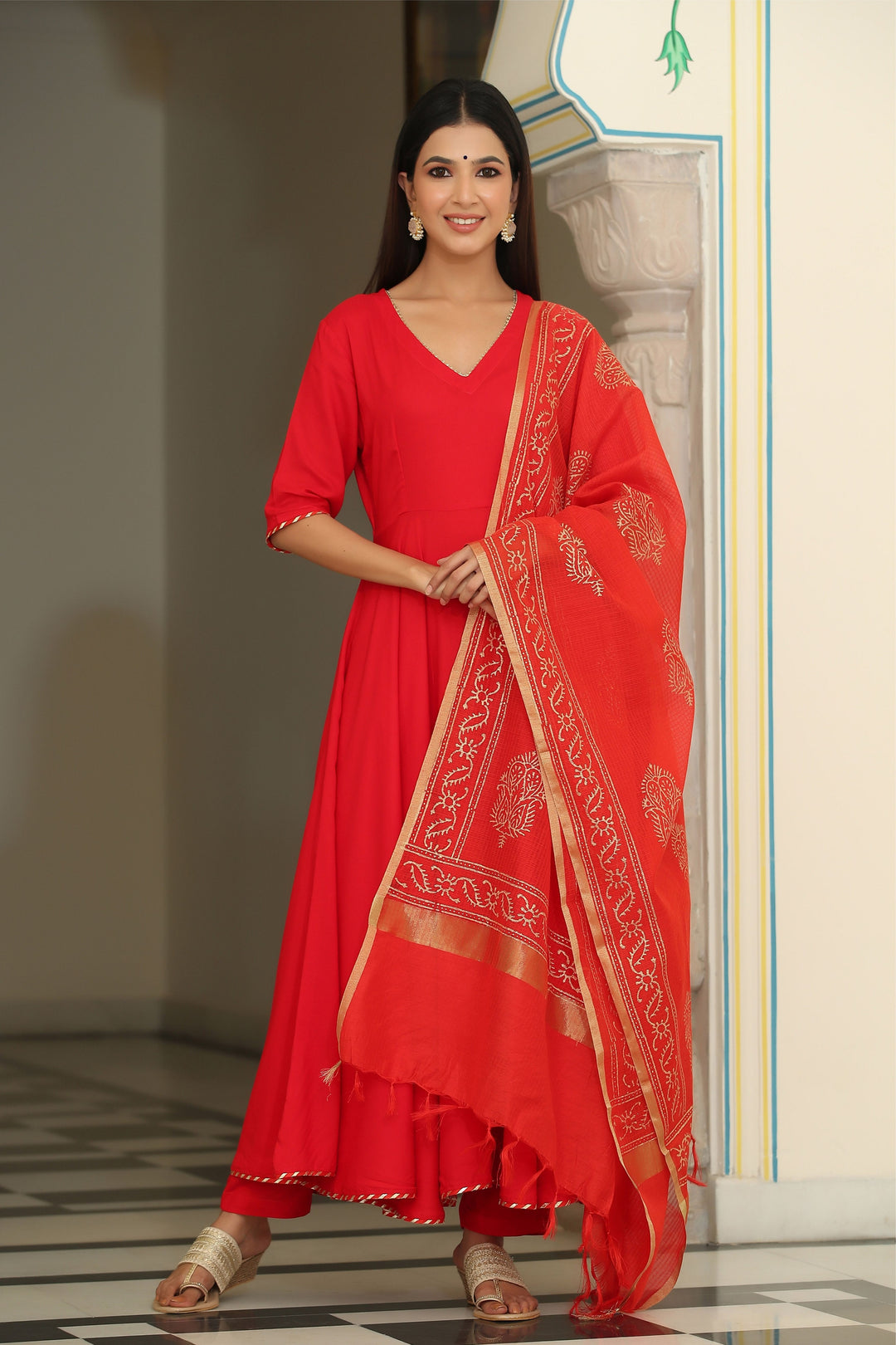 Gillori Red festive wear suit set with dupatta