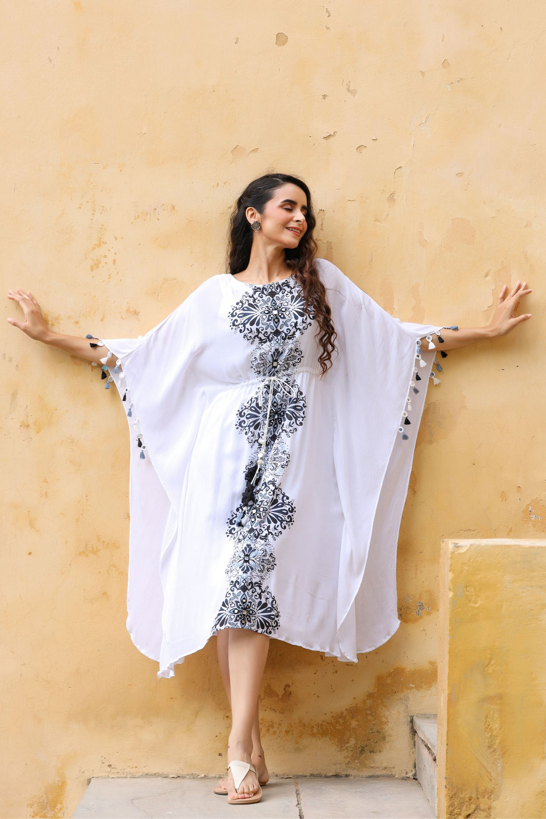 White Cotton Crape Kaftan Dress with Inner – Gillori