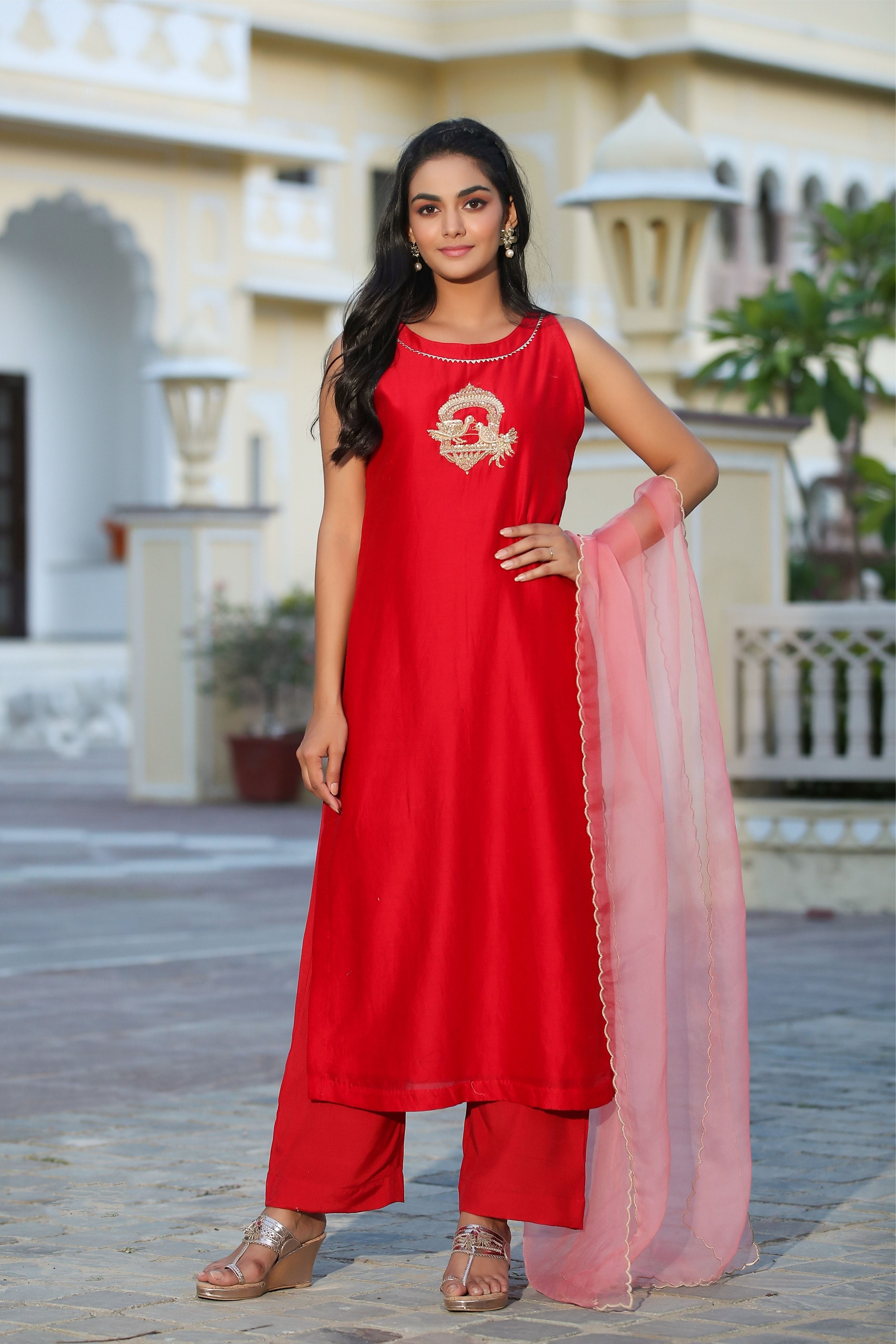 Red printed pure chanderi suit set – Turaja