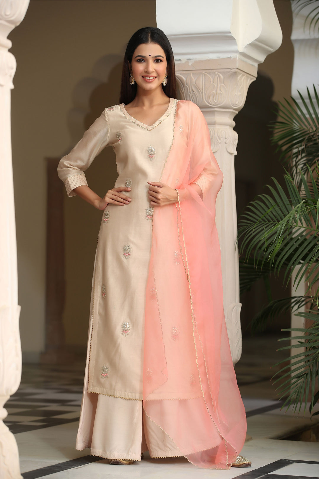Peach linen dress with dupatta - set of two by Chokhi Bandhani