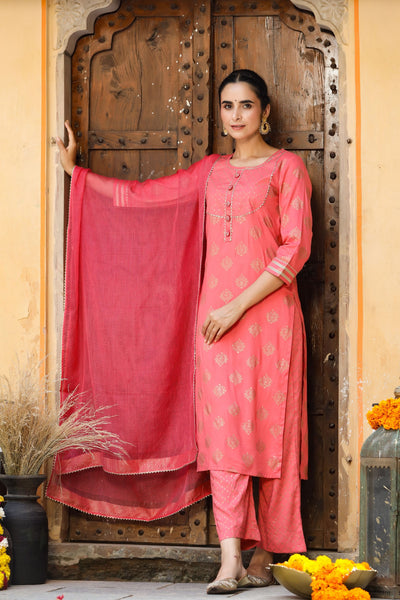 Peach Gold Printed Suit Set with Dupatta