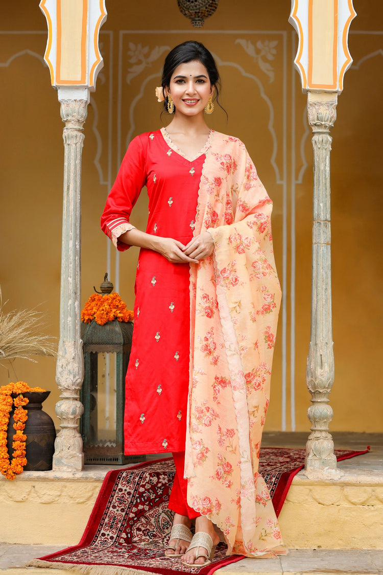  Scarlet Red Embroidered Suit Set