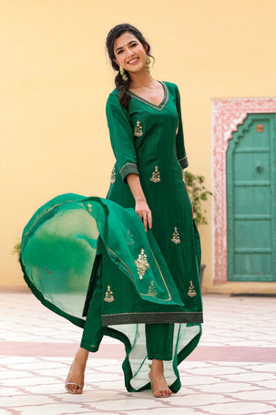 Pavitra Embroidered Silk Green Suit Set