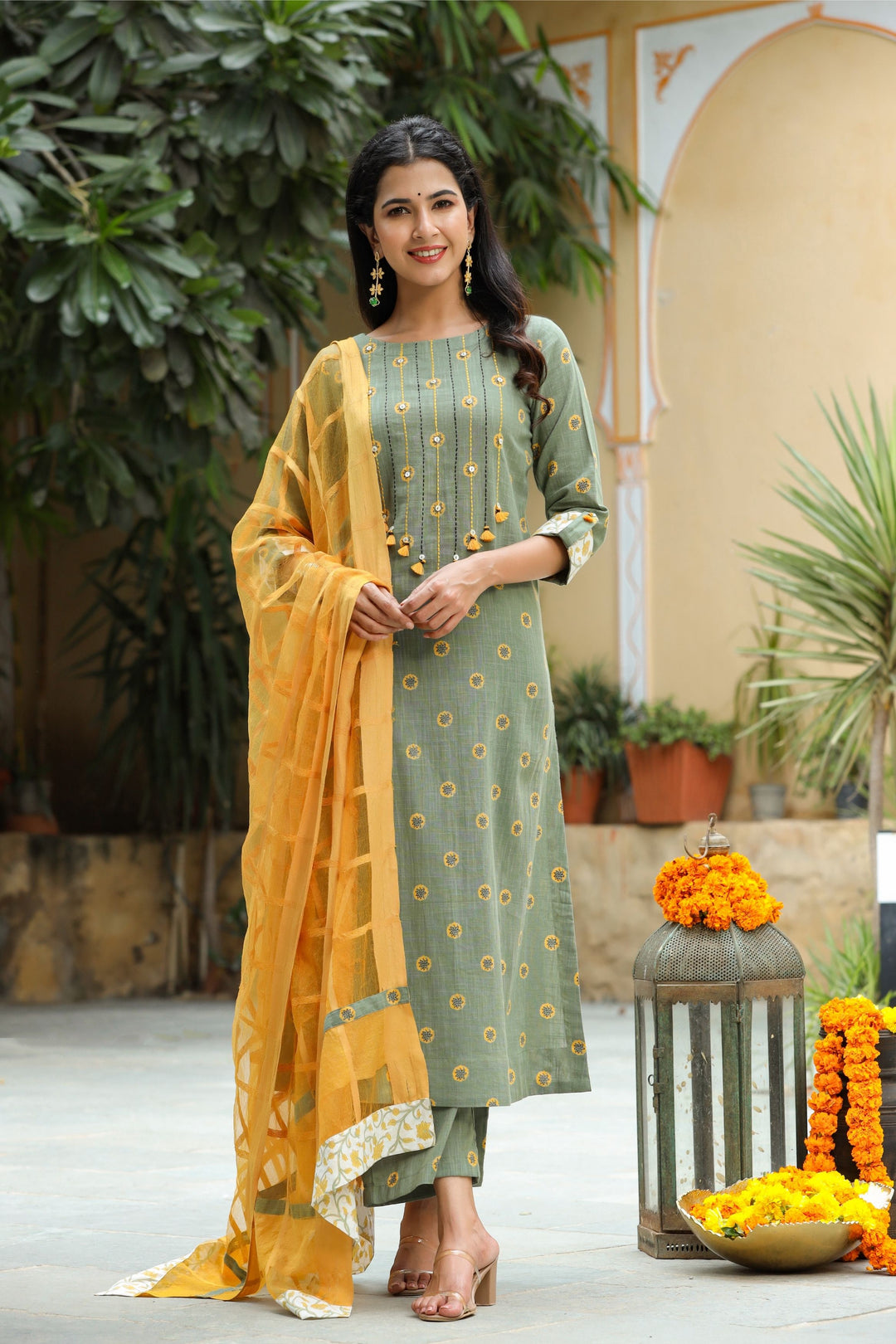  Marigold Cotton Suit Set with Dupatta
