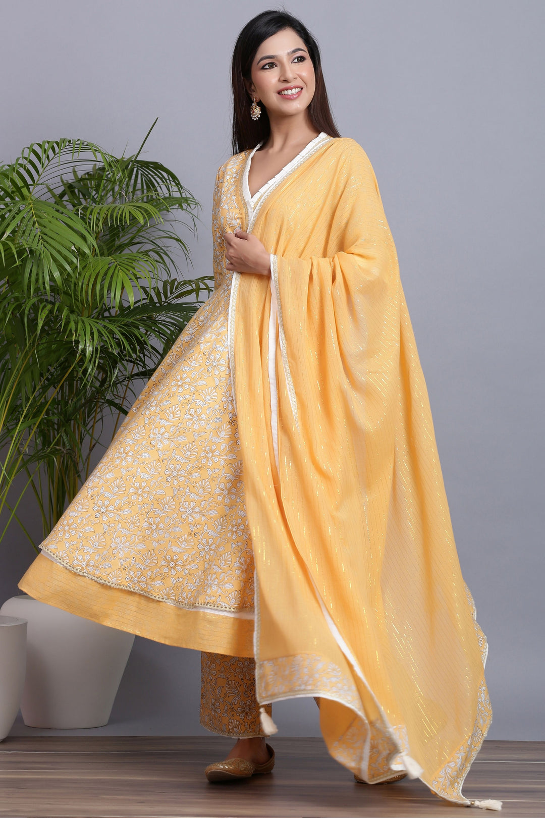 Gillori Handblock Yellow Suit set with dupatta