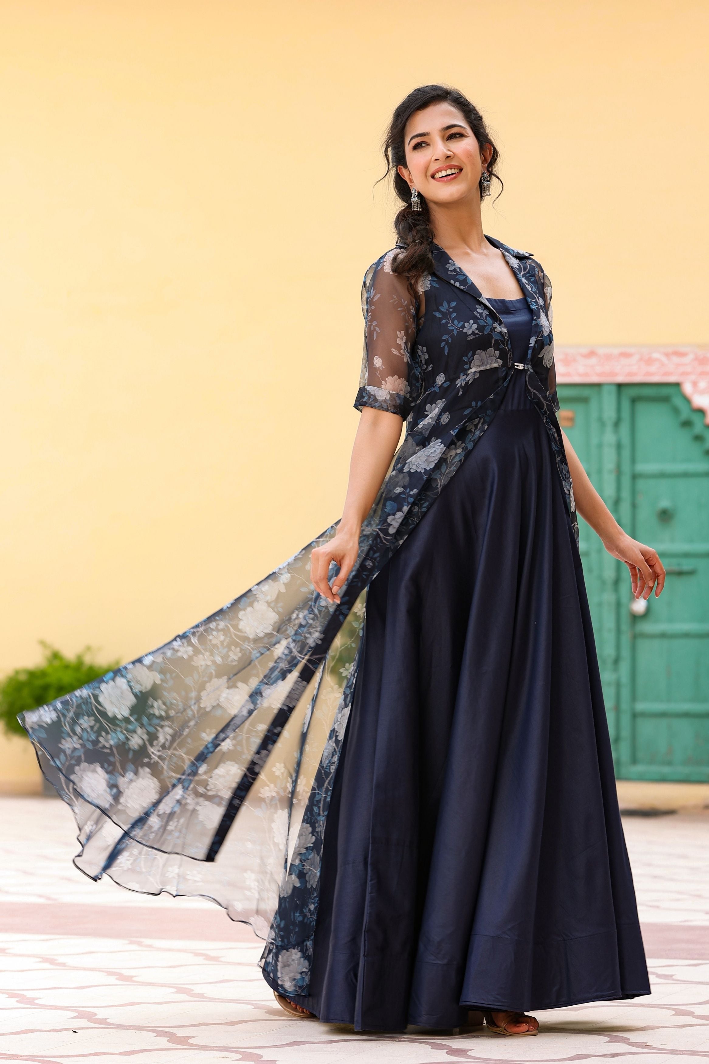 Blue velvet embroidered gown by Shantanu and Nikhil