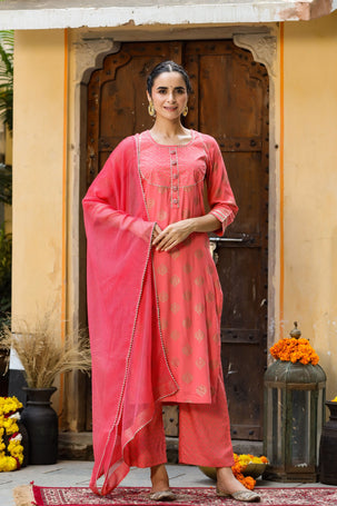 Peach Gold Printed Suit Set with Dupatta