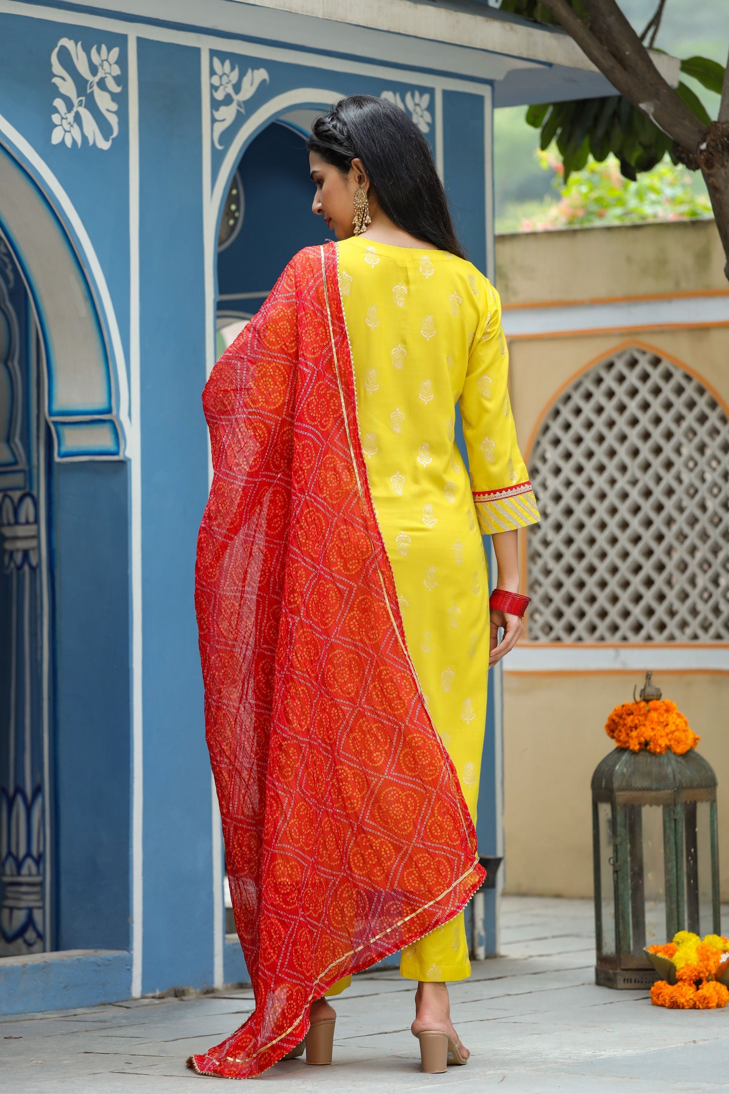 Buy Yellow Mirror Work Cotton Suit with Pink Organza Dupatta - Set of 3 |  RO74/ROOH1 | The loom