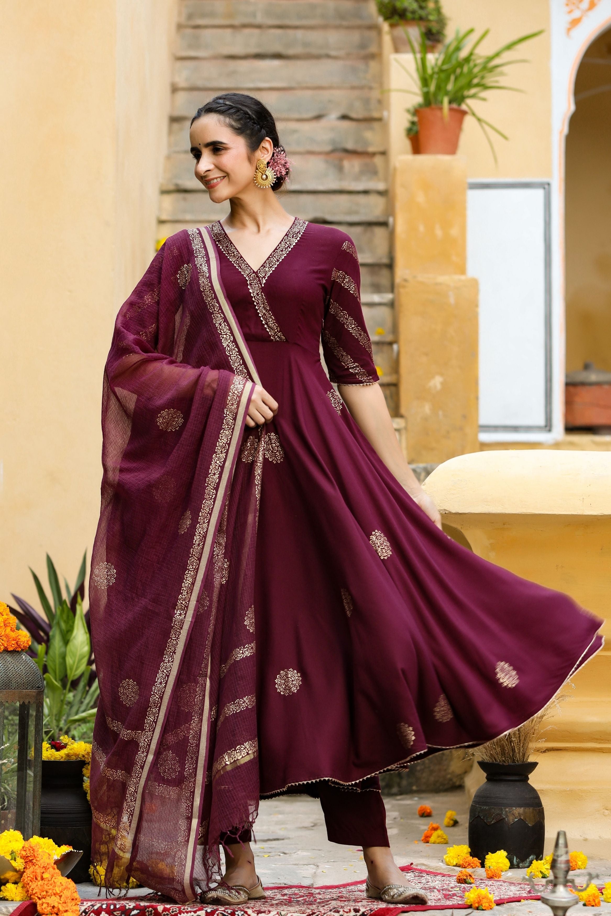Buy Rajputana Camisa Wine Color Raw Silk Printed A-line Kurti & Chiffon  Dupatta Set Women (M) at Amazon.in