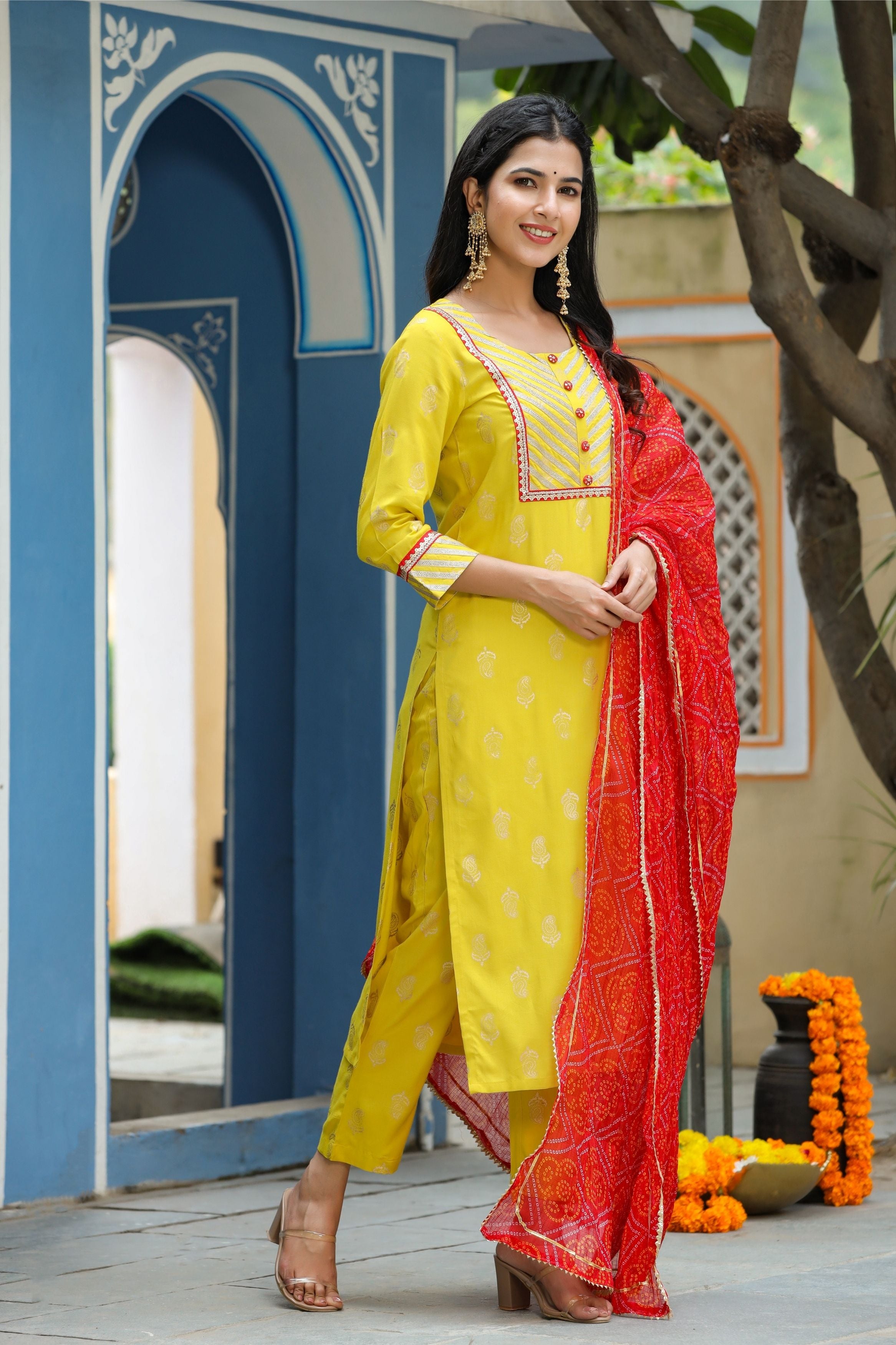 Buy Balbir Store Women Semi Stitched Yellow suit and palazzo with contrast  dupatta at Amazon.in