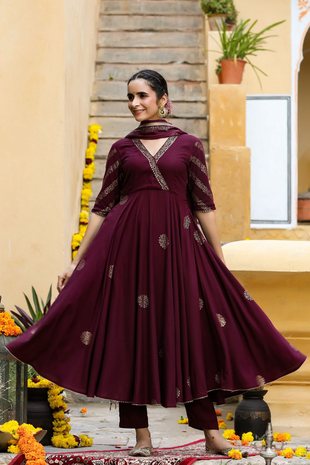 Sitara Wine Colour Suit Set For Ladies - Gillori