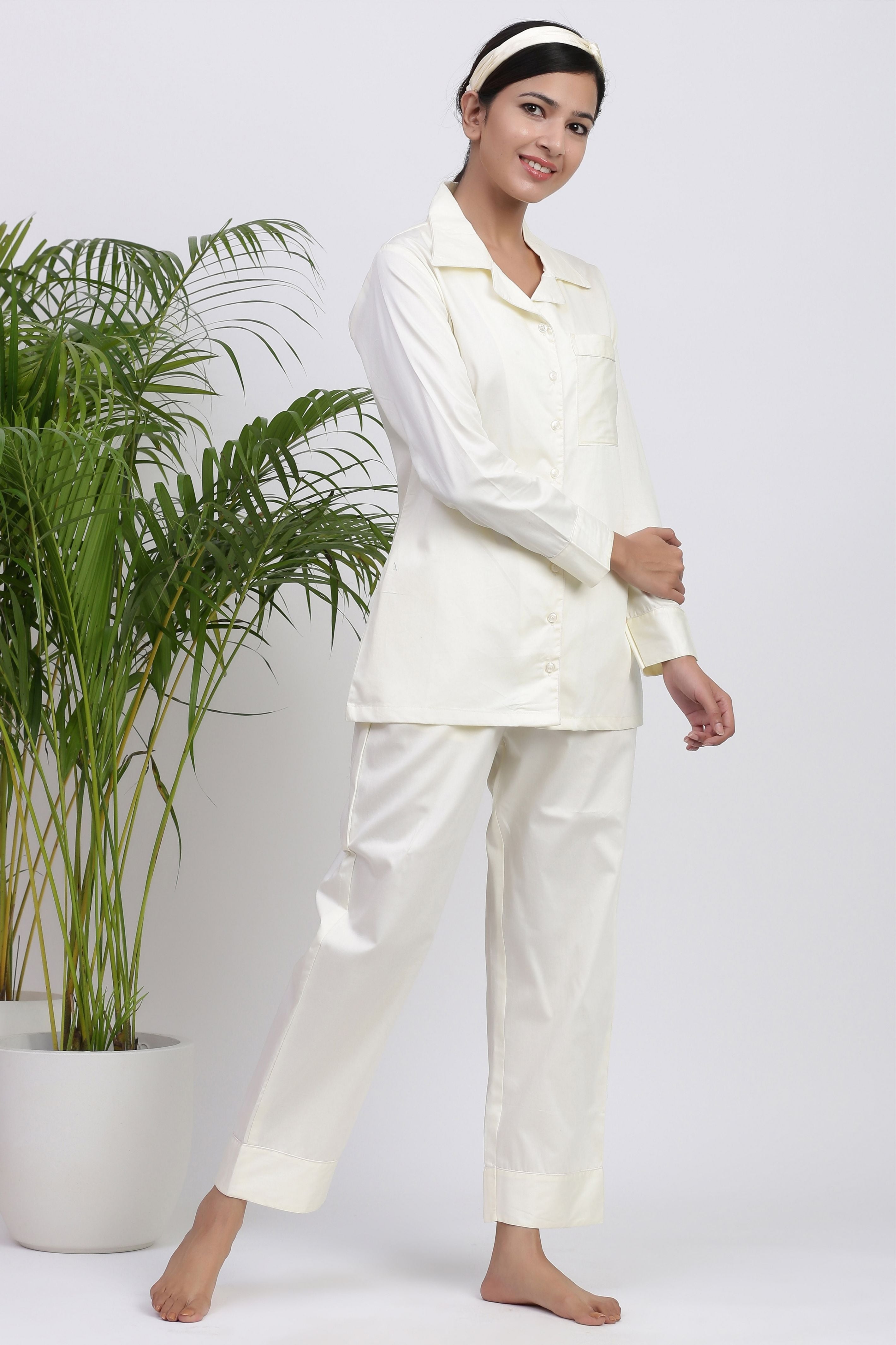 White Chinese Collar Long Sleeve Men's Night Suit – Shopbloom