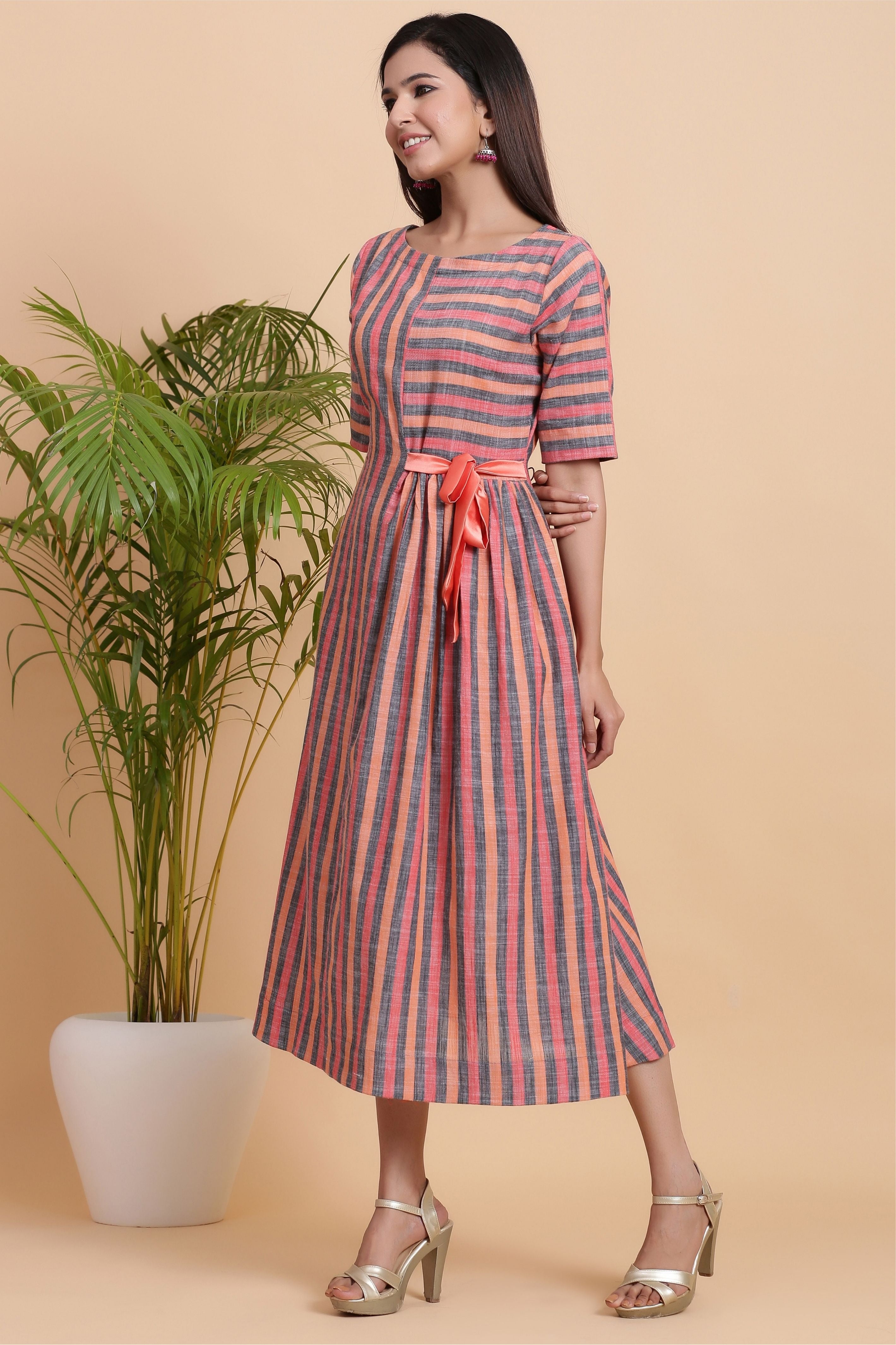 Shop Floral embellished stripe cotton tier dress | eShakti